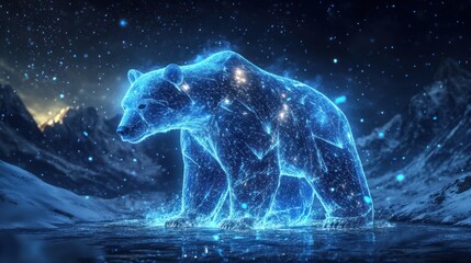 Fototapeta premium Celestial Polar Bear, Arctic Landscape, Night, Winter, Magic, VFX, Fantasy, Game, Background