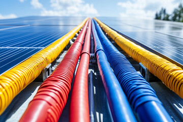 Colorful cables leading to solar panels, showcasing renewable energy infrastructure.