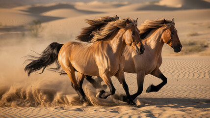 Majestic horses gallop through desert dust, embodying freedom and untamed spirit in golden light.