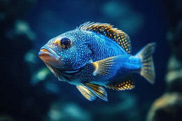 Majestic ocean fish with shimmering scales gliding through a deep blue underwater paradise