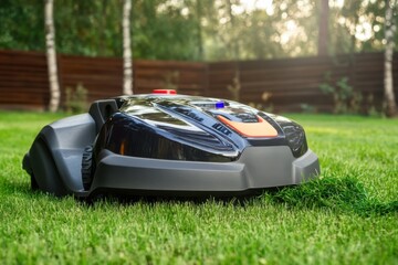 Robotic lawn mower operating in a well-maintained backyard during afternoon sunlight