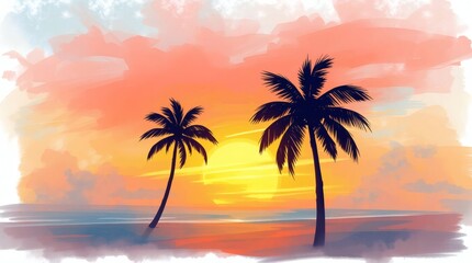 Obraz premium Tropical sunset with palm trees at the beach Generative AI