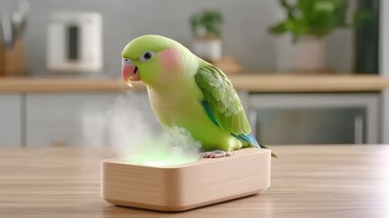 Naklejka premium Coughing parrot in cage home setting animal behavior indoor environment close-up view health concerns
