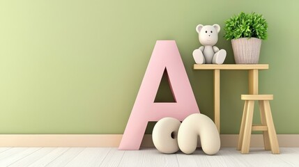 Early learning materials set featuring cartoon alphabets in a playful child's room with soft colors