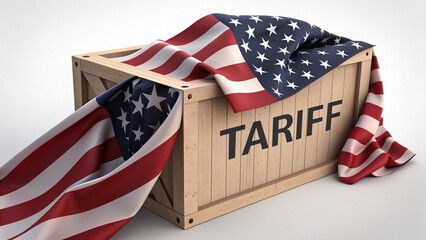 A shipping box labeled "Tariff" is tightly wrapped in the American flag, symbolizing national trade policies and protectionist economic measures