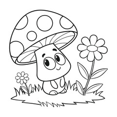 Cartoon Mushroom and Flowers Line Art Coloring Illustration for Kids