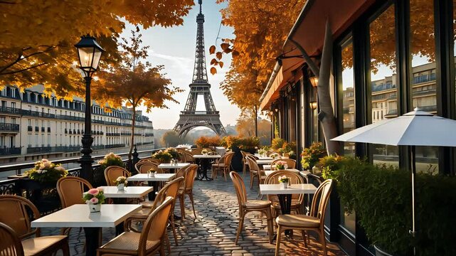 Outdoor Paris caf&eacute; terrace in autumn with Eiffel Tower view, cozy seating, vibrant foliage, and warm natural lighting during fall season

