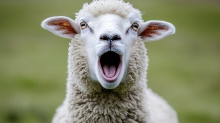 Obraz premium Yawning sheep, pasture, blurry background, farm animal portrait