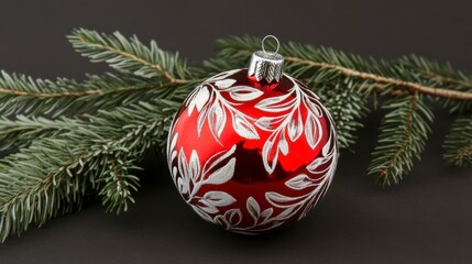 Red Christmas bauble with white leaf design rests on dark background, flanked by pine branches.
