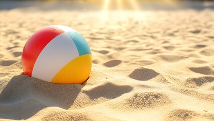 Naklejka premium A beach ball partially buried in golden sand, with sunlight creating a warm, summery atmosphere. Concept Beach Ball, Golden Sand, Sunlight, Summer Vibes, Outdoor Scene