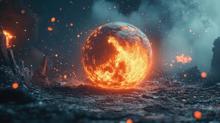Burning orb planet, volcanic landscape