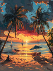 Scenic beach sunset with palm trees, sailboats, and lounge chairs