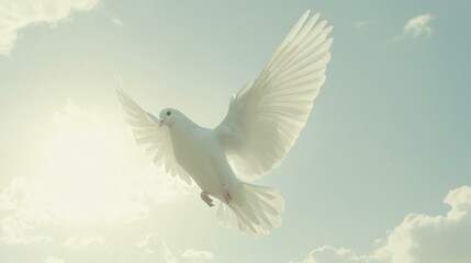 Obraz premium White Dove in Flight with Wings Spread Against a Bright Sunny Sky