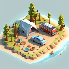 Model of a small island for holiday camping by the water. Equipment includes a tent, camping car, deckchairs and a fireplace. 3D simple small isometric perspective.