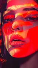 Woman's face illuminated by red light creating dramatic shadows and highlights.