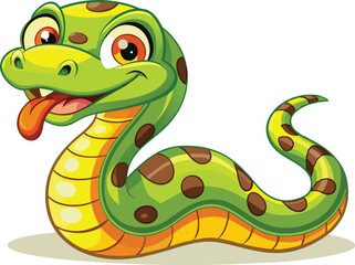 Fototapeta premium Cheerful Cartoon Snake with Green Body, Yellow Spots, and Friendly Expression