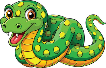 Fototapeta premium Cheerful Cartoon Snake with Green Body, Yellow Spots, and Friendly Expression