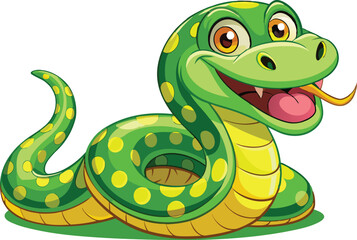 Fototapeta premium Cheerful Cartoon Snake with Green Body, Yellow Spots, and Friendly Expression