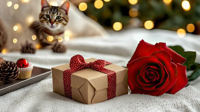 A playful cat sits near a beautifully wrapped gift box and a vibrant red rose surrounded by holiday lights and decorations