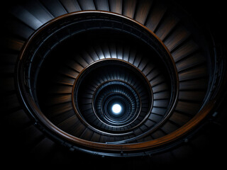 A black and white spiral staircase creating a sense of depth and symmetry.
