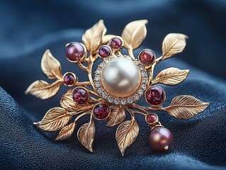Naklejka premium Jewelry with gemstones modern brooch with Natural Pearl on a dark blue background