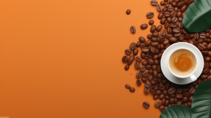 Obraz premium A modern coffee advertising banner featuring a flat lay of coffee beans, with space for text.