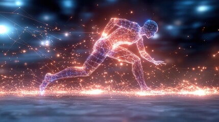 Fototapeta premium Dynamic human figure running in artistic wireframe virtual environment gigapixel quality futuristic viewpoint