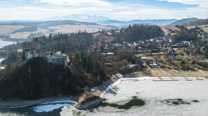 Drone view of Niedzica Castle and the surrounding area