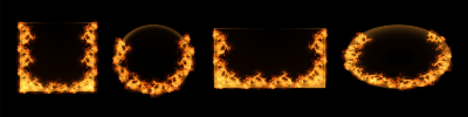 Geometric hot frames with flames of fire. collection of shapes and figures with flaming fire. Realistic vector illustration