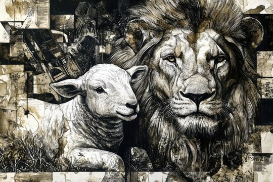 Artistic black and white lion and lamb drawing