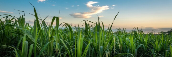 Fototapeta premium Vibrant sugarcane field under a blue sky during sunset showcasing lush greenery and a serene atmosphere
