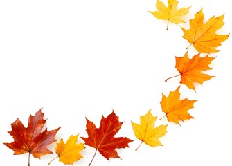 Fototapeta premium Watercolor painting of autumn leaves in vibrant shades of orange, yellow, and blue, creating a serene and artistic border on a white background