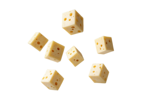Cheese cubes with holes levitating in air on white background. PNG