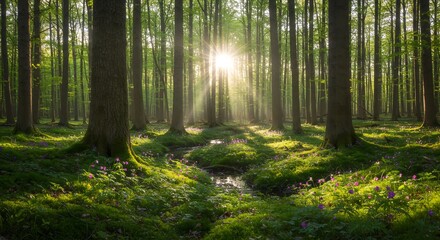 Naklejka premium Sunlit Forest Floor with Purple Wildflowers and Green Moss