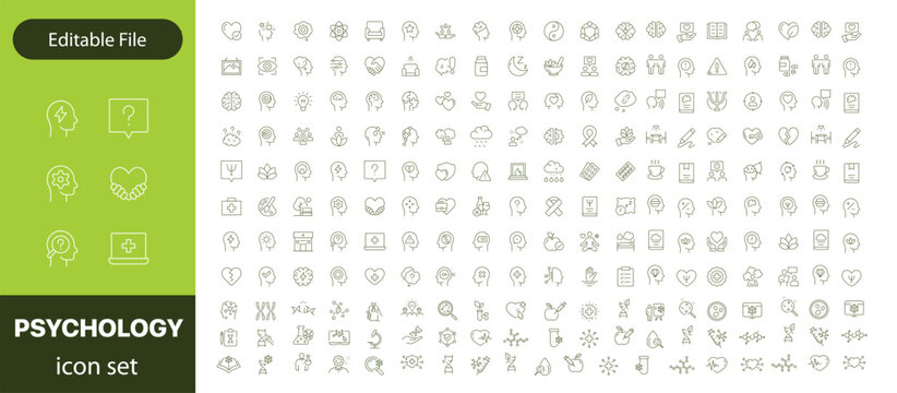 Psychology and mental linear icons collection. Big set of line icons in black. Psychology and mental black icons. Vector illustration