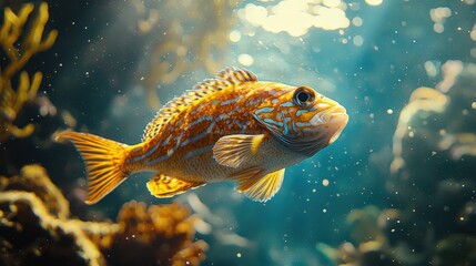 A vibrant ocean fish with intricate patterns swimming through a sunlit reef