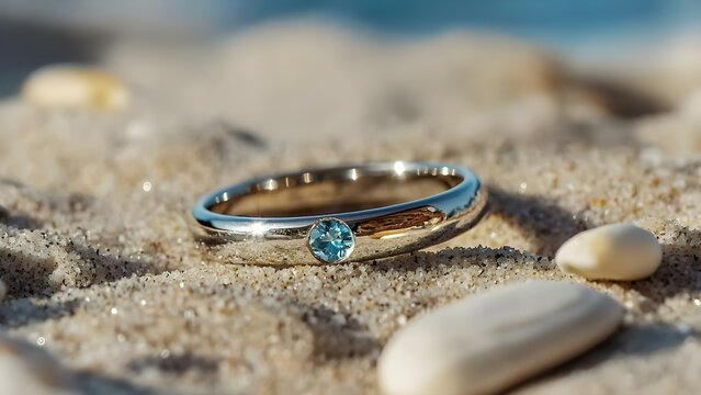A silver ring with a blue gemstone rests on sandy beach, surrounded by small seashells. Concept Silver Ring Artistry, Blue Gemstone Elegance, Beach Vibes, Seashell Surroundings