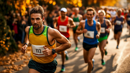 Fototapeta premium A group of determined marathon runners competing in an outdoor race, surrounded by autumn foliage and cheering crowds
