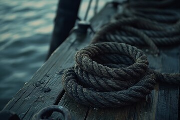 Fototapeta premium Coiled ropes rest on a weathered dock, evoking maritime stories and serene tranquility under the dim setting sun.