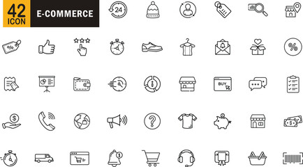 E-commerce editable outline icon set. shopping discount delivery payment support and more.