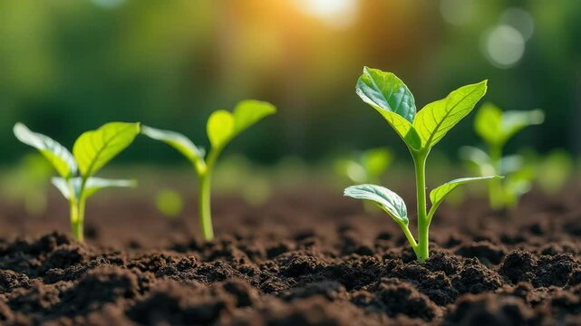 A hand gently presses a digital soil sensor into rich brown soil beside a young sprout as sunlight glows in background.
