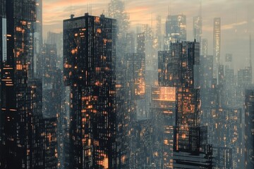 Obraz premium A futuristic cityscape with towering buildings illuminated against a hazy sky at dusk or dawn