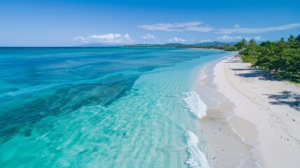 Fototapeta premium Aerial view of ocean waves crashing on sandy beach, showcasing nature's beauty and tranquility