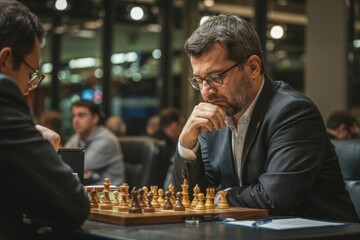 Chess players engage in a strategic battle during a tournament in an upscale venue on a lively evening