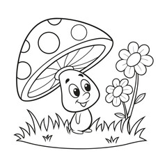 Cartoon Mushroom and Flowers Line Art Coloring Illustration for Kids