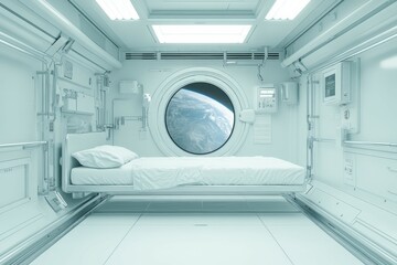 Spaceship bedroom showing planet earth from window: futuristic interior design