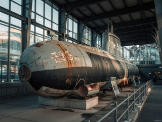 Historical submarine on display in a modern maritime museum during daylight hours