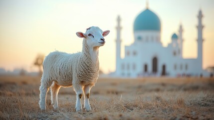 Fototapeta premium Embracing Faith: Pictures of Goats and the Mosque at Eid al-Adha