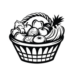 Black & White Fruit Basket Apples, Bananas, Oranges, Cherries, Pineapple Still Life