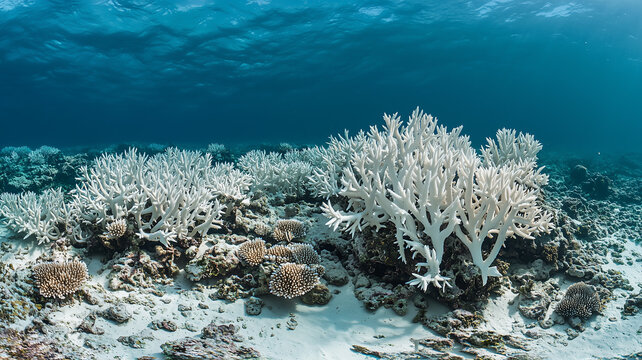 A stark contrast of a once-vibrant coral reef now suffering from coral bleaching, with pale, lifeless coral and a struggling marine ecosystem